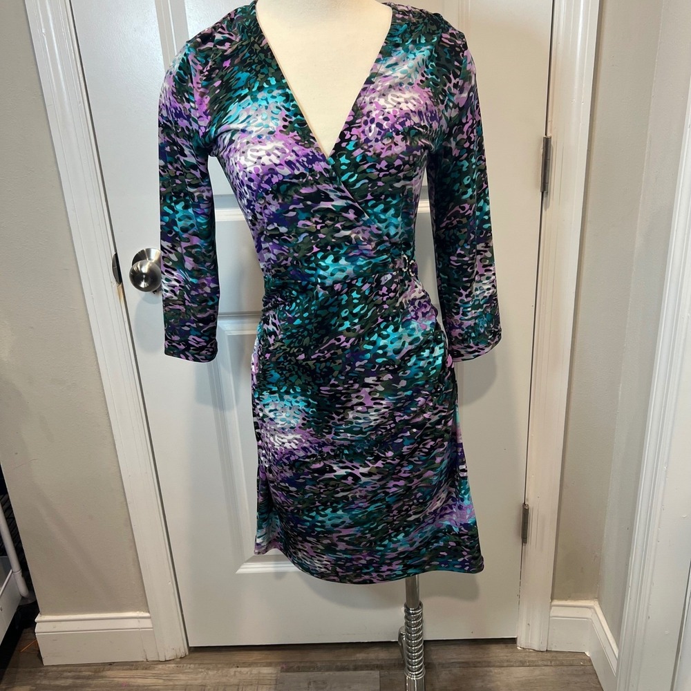 Jennifer Lopez Womens Faux Wrap Dress Rhinestone Ruched Multicolor Size M